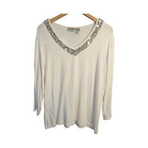 Chico's Long Sleeve Blouse Size 3 Beaded Embellished Around Neck Coastal Beach